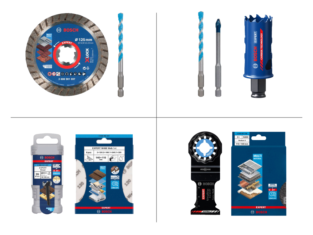 Bosch Zubehörprodukte im Überblick – perfekt für Werkstatt und Baustelle Bosch Zubehörsortiment – Trennscheiben, Bits, Meißel und Zubehör in Originalverpackung
