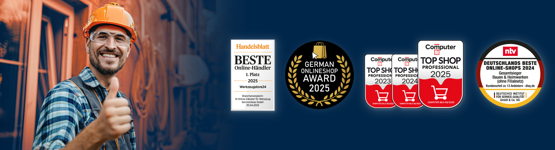 Top-Auszeichnungen für Werkzeugstore24 – vertrauenswürdiger Online-Shop für Profis und Macher Werkzeugstore24 mehrfach ausgezeichnet – Handelsblatt, German Onlineshop Award, Computer Bild und ntv Siegel mit Handwerker-Motiv
