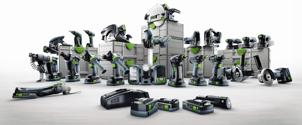 Festool Werkzeugsammlung – Umfassende Auswahl an leistungsstarken Akkuwerkzeugen Festool Werkzeugsammlung mit Akkugeräten und Systainern