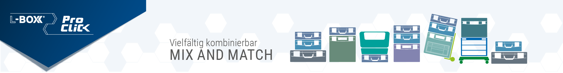 ProClick Boxen für Werkzeuge und Materialien Verschiedene Boxen im ProClick-Design als Hexagon