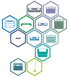 Variety of tool storage options in hexagon icons" Stack of hexagon icons representing various tool storage boxes
